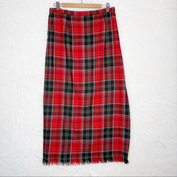 Vintage Dresses & Skirts - Vtg Rafaella Size 12 100% Wool Plaid Skirt Red Plaid Fringed Slit Tartan Maxi